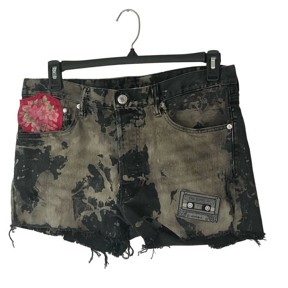 Madam P Acid Dyed Black Jean Shorts Patchwork Size 31